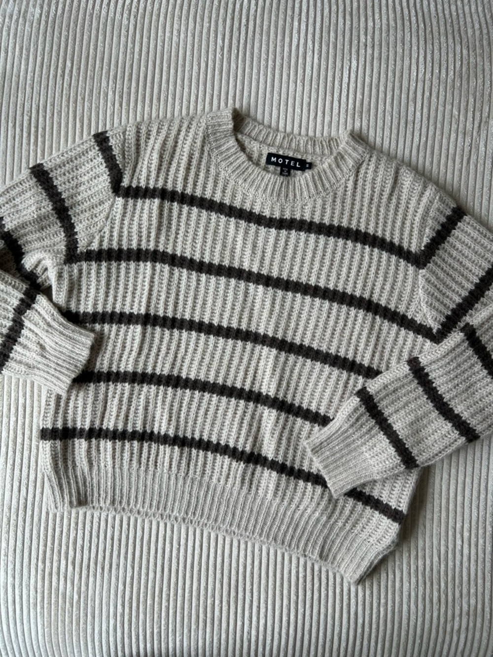 Motel Rocks Cream Ribbed Crewneck Sweater with Black Stripes
